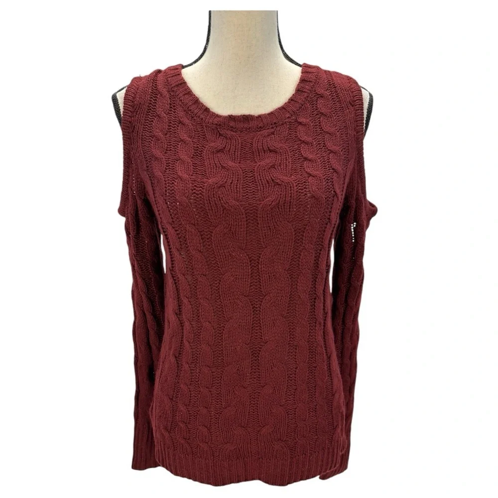 Hippie Rose Long Sleeve Cold Shoulder Crew Neck Cable Knit Sweater - Maroon Red